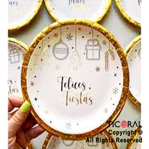 PLATO FELICES FIESTAS STAMPING ORO CHICO x 8